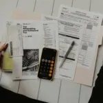Documentos, calculadora y bolígrafo sobre la mesa