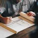 Planos de obra sobre la mesa